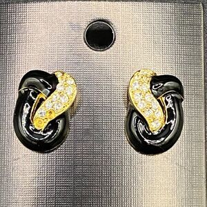 Vintage Gold Tone and Black Enamel with Rhinestones Earrings
